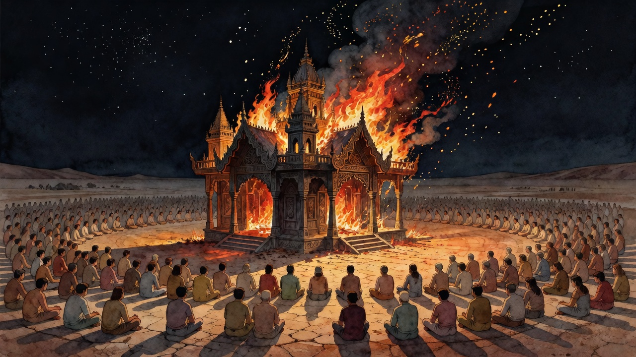 Sunday night — the Temple burns in silence