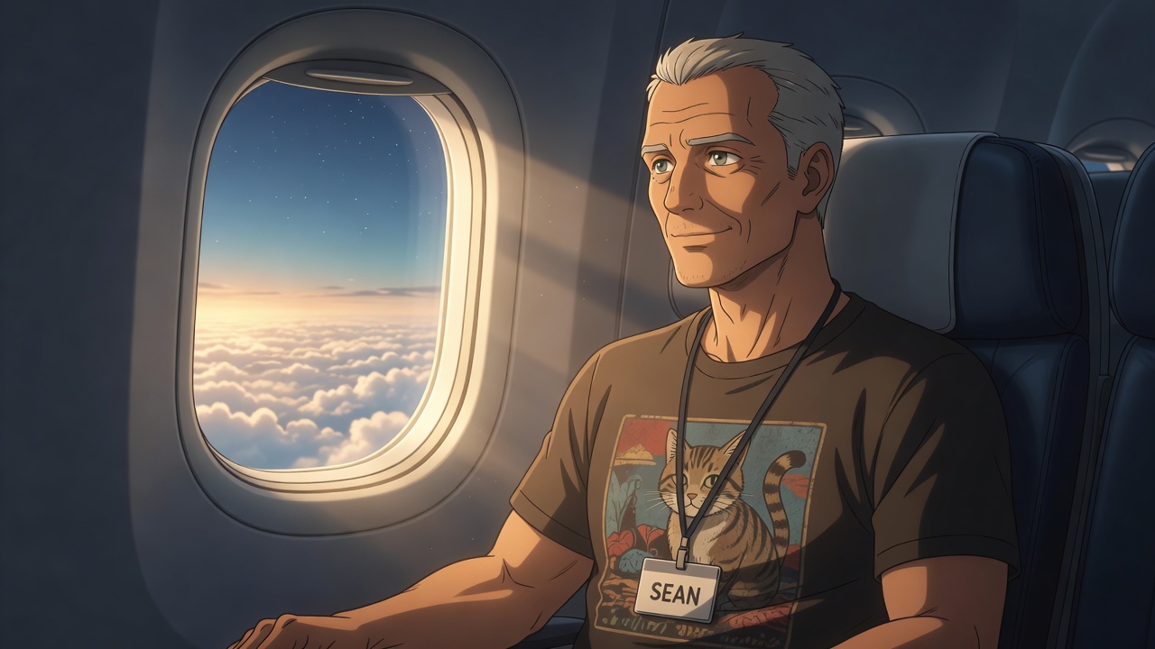 Sean at the airplane window at dawn, stars still in the upper sky, gold light breaking over a sea of clouds
