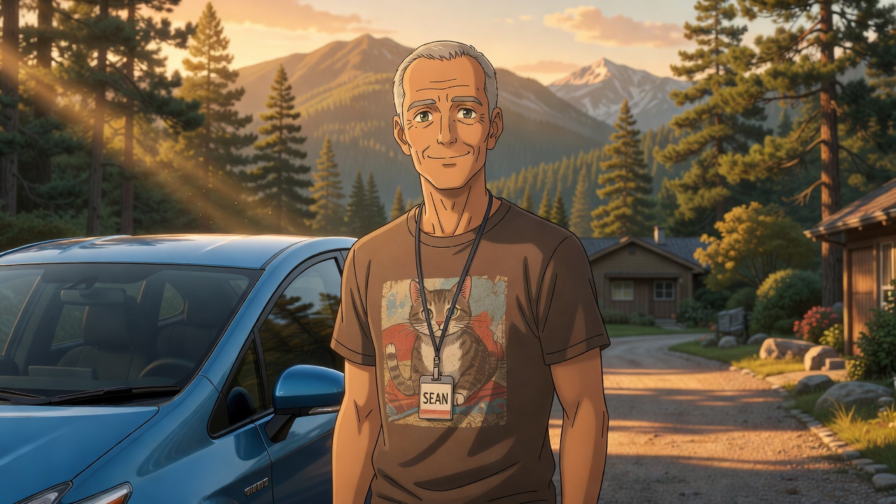 Sean home at last in the Cascades at golden hour, beside a little blue Prius, mountains behind